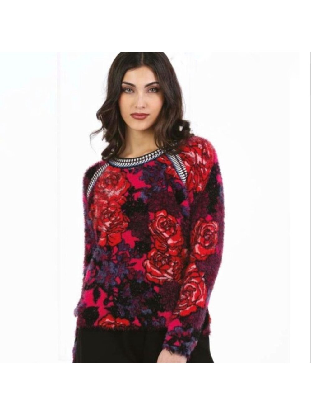 Desigual Fuzzy Pink Floral Rose Pattern Pullover Sweater XL